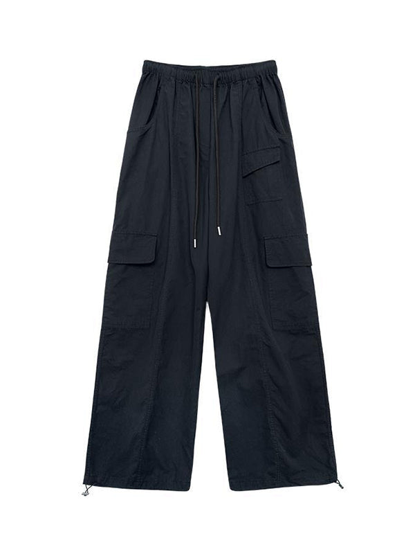 Drawstring Elasticity Pockets Solid Color Split-Joint High Waisted Loose Trousers Pants