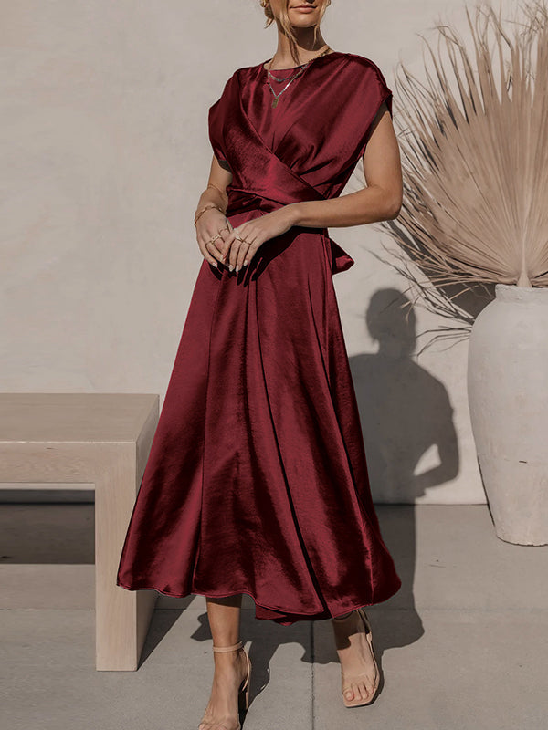 Solid Color Split-Joint Tied Waist Loose Short Sleeves Round-neck Midi Dresses