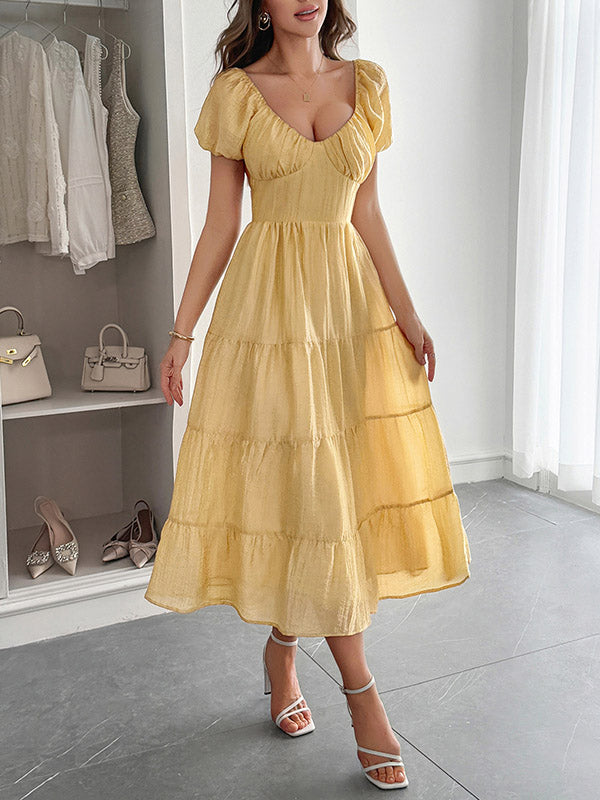 Backless Pleated Solid Color Tied A-Line Loose V-Neck Midi Dresses