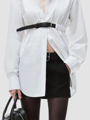 Belted Buttoned Solid Color Long Sleeves Loose Lapel Collar Blouses&Shirts Tops