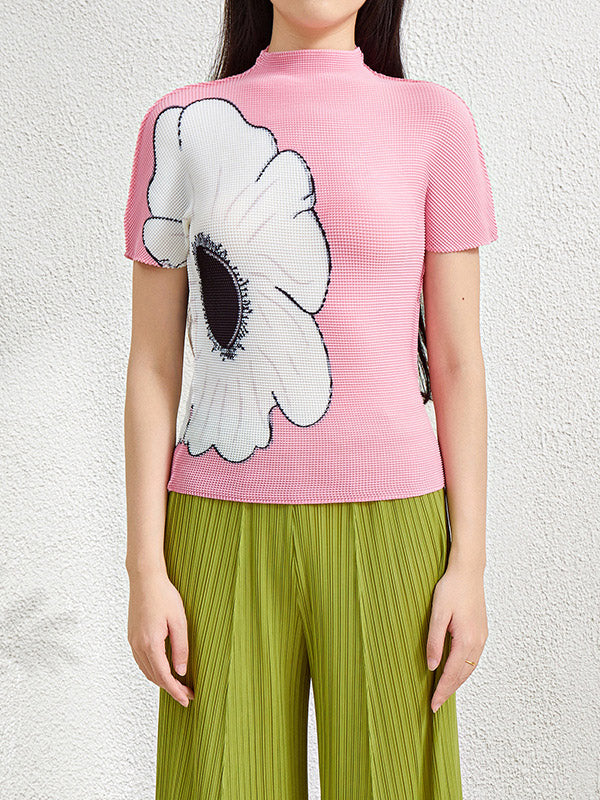 Flower Print Pleated Short Sleeves Mock Neck T-Shirts Tops