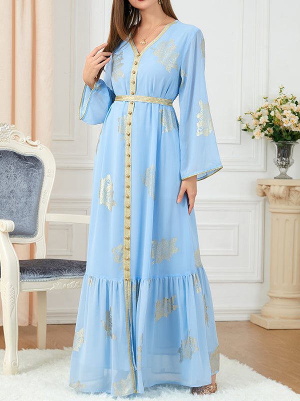 Pleated Printed Split-Front Split-Joint Tied Waist Long Sleeves Loose V-Neck Maxi Dresses