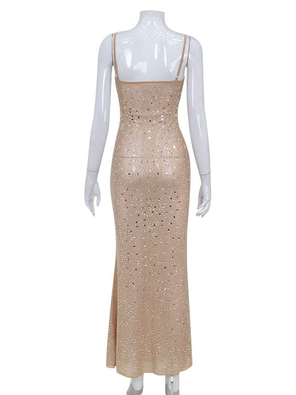 See-Through Sequined Split-Joint Bodycon Skinny Spaghetti-Neck Maxi Dresses