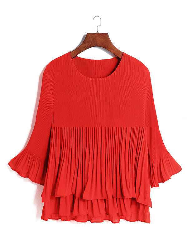 Original Loose Solid Color Pleated Falbala T-Shirt Top