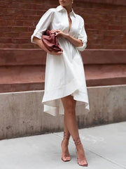 High-Low Long Sleeves Solid Color Lapel Midi Dresses Shirt Dress
