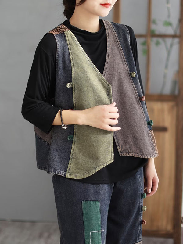 Loose Split-Joint V-Neck Vest Top + Jean Harem Pants Bottoms  Two Pieces Set