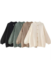 Buttoned Split-Joint Loose Puff Sleeves Round-neck Cardigan Tops