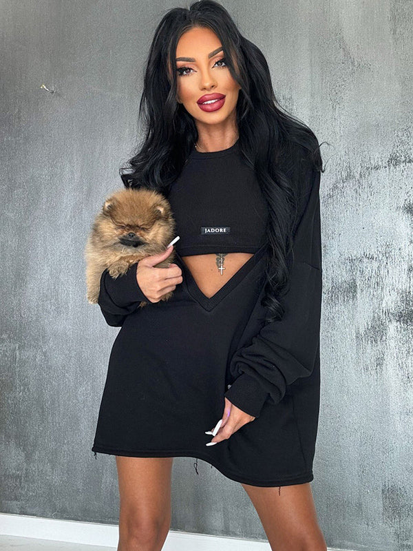 Loose Solid Color Round-neck Mini Dresses & Vest Top Two Pieces Set