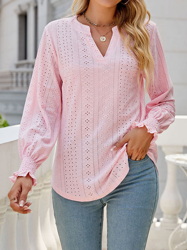 Elasticity Hollow Solid Color Long Sleeves Loose V-neck T-Shirts Tops