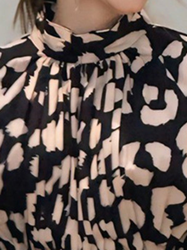 Leopard Pleated Printed Loose Puff Sleeves High Neck Blouses&Shirts Tops