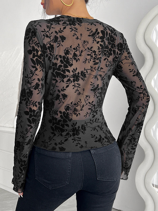 Solid Color Flared Sleeves Long Sleeves Deep V-Neck T-Shirts