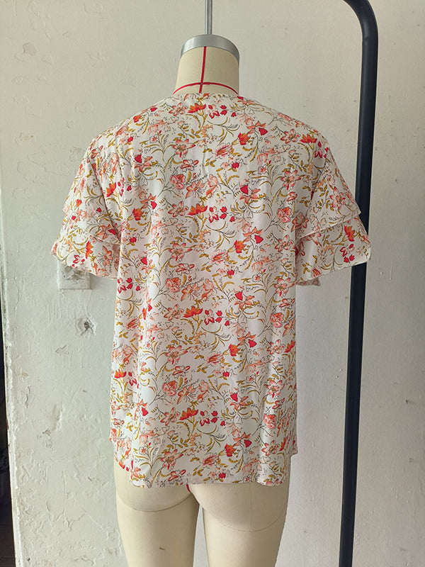 Falbala Floral Printed Split-Joint Loose Petal Sleeves V-Neck T-Shirts Tops