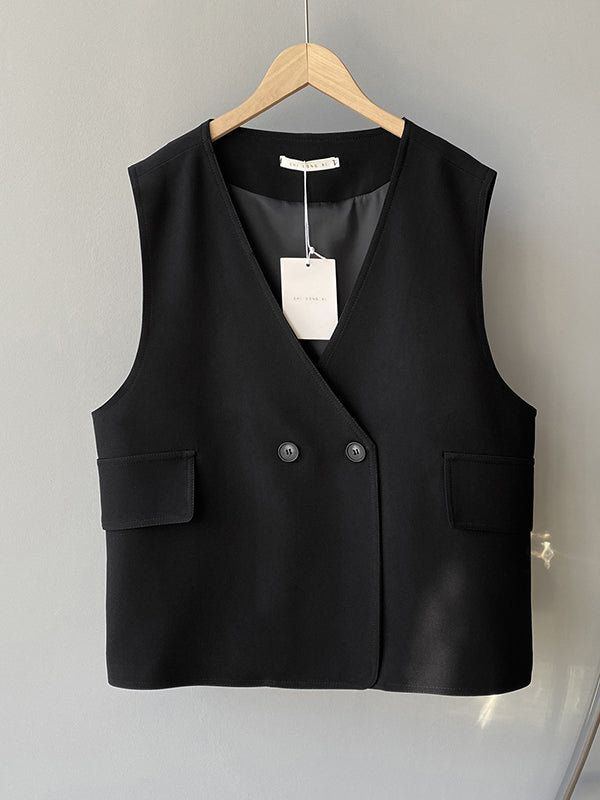 Pockets Split-Joint Loose Sleeveless V-Neck Vest Top