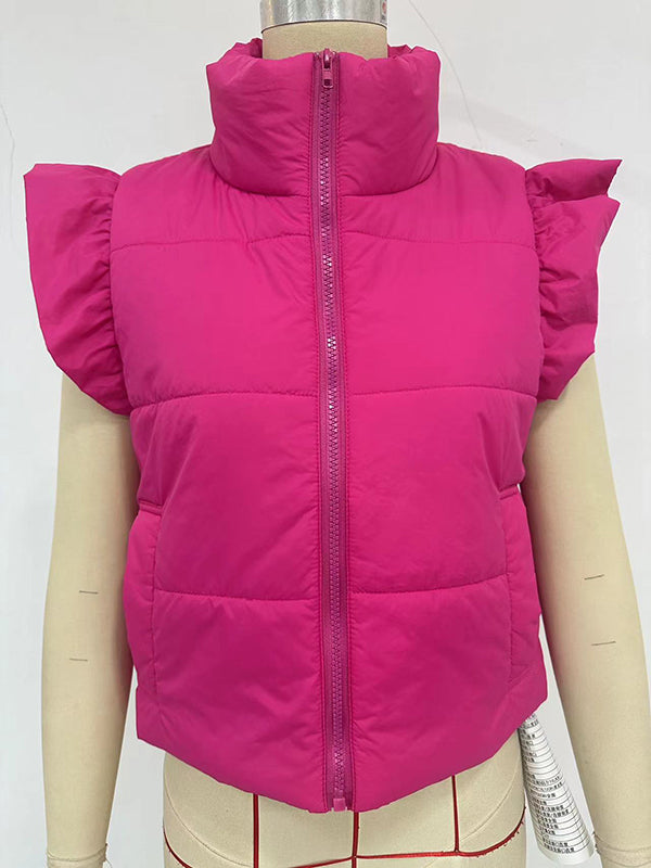 Pleated Solid Color Split-Joint Flared Sleeves High Neck Padded Vest