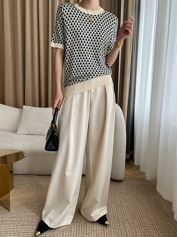 Houndstooth Half Sleeves Round-Neck Sweater Tops