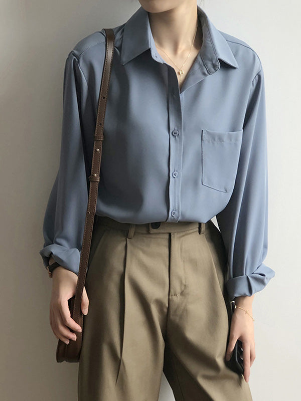 Urban Solid Color Lapel Long Sleeves Blouse