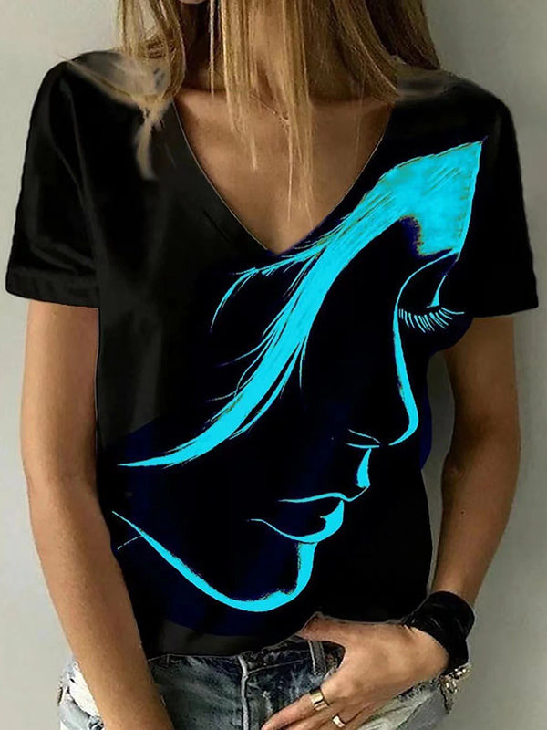 3 Colors Loose Simple Face Printed V-Neck T-Shirt