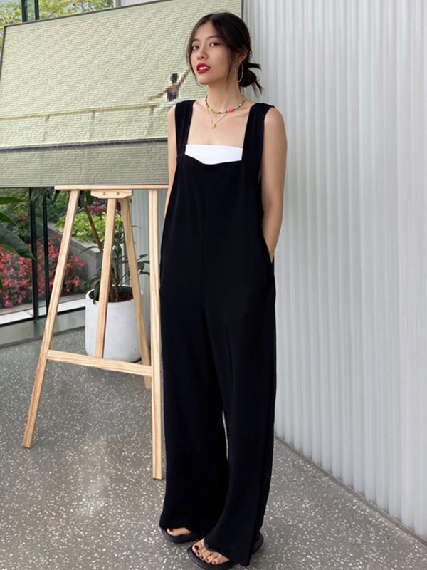Original Creation Sleeveless Loose Solid Color Square-Neck Overalls