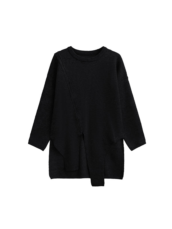 Asymmetric Solid Color Zipper High-low Long Sleeves Round-neck Sweater Tops Pullovers