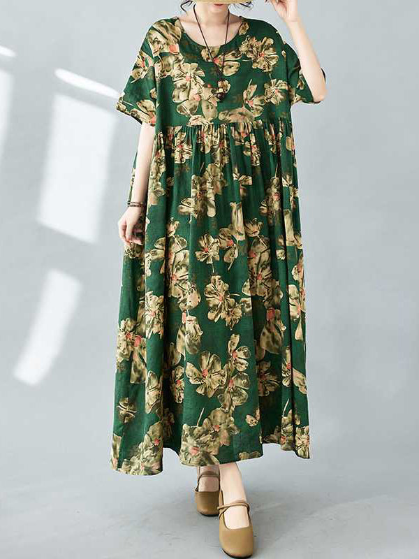 Flower Print Pleated Pockets Half Sleeves Loose Round-neck Midi Dresses