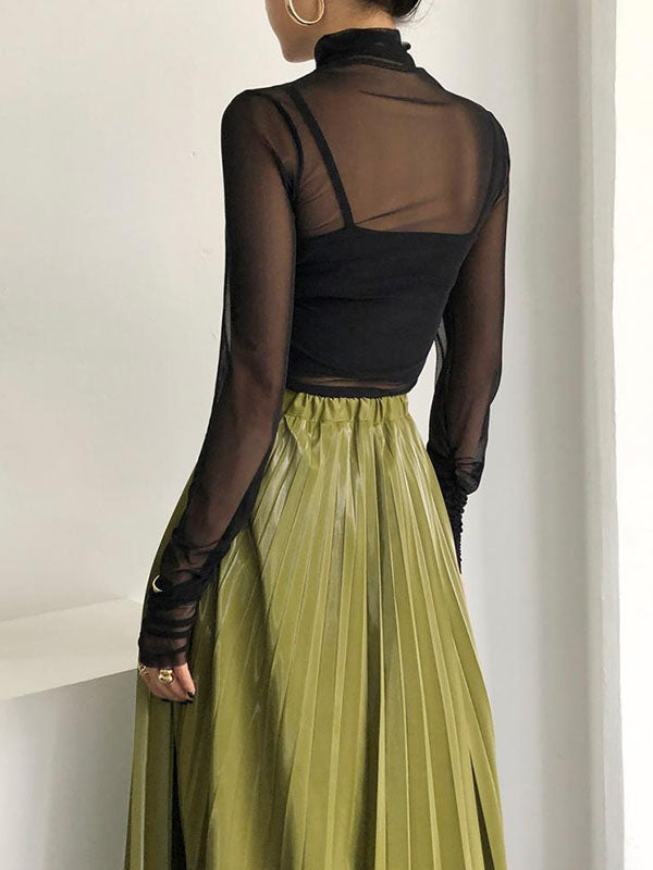 Gauze See-Through Solid Color Long Sleeves Skinny High Neck T-Shirts