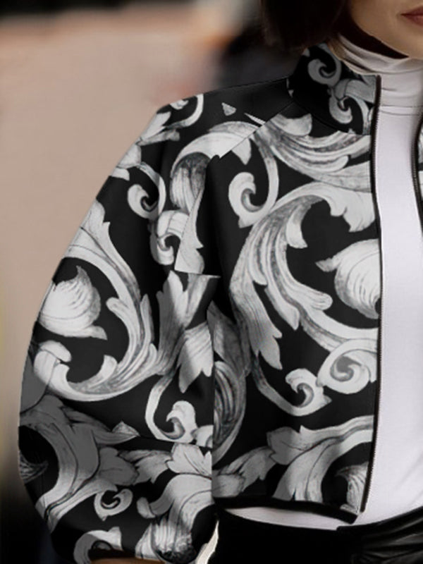 Floral Printed Split-Joint Loose Puff Sleeves High Neck Outerwear Jackets