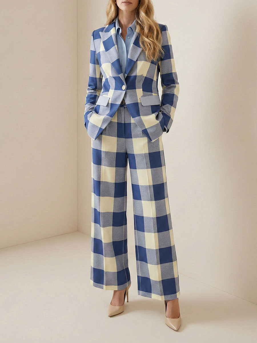 Long Sleeves Loose Buttoned Contrast Color Plaid Pockets Notched Collar Blazer Outerwear
