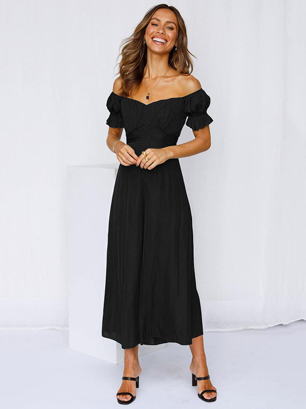 13 Colors Puff Sleeves Solid Color Cold Shoulder Wide Leg Jumpsuits