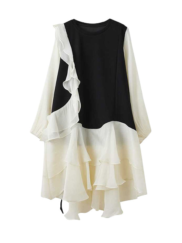 Contrast Color Ruffle Trim Split-Joint High-Low Long Sleeves Round-Neck Midi Dresses