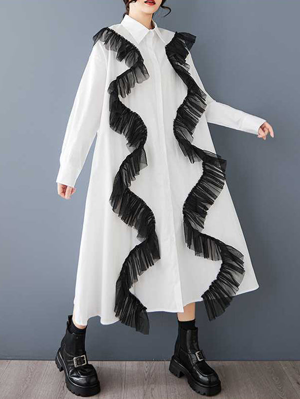 Buttoned Split-Joint A-Line Long Sleeves Lapel Shirt Dress Midi Dresses