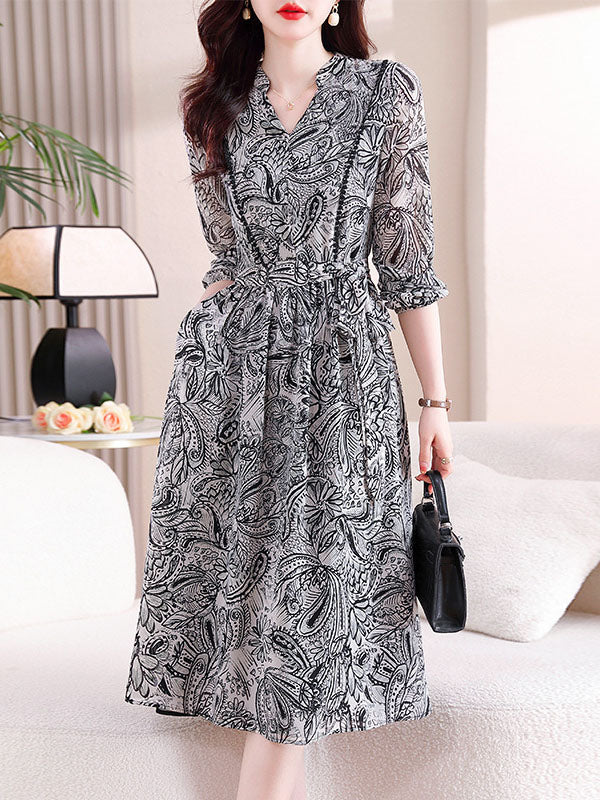 Elasticity Flower Print Tied Waist Long Sleeves Loose V-neck Midi Dresses