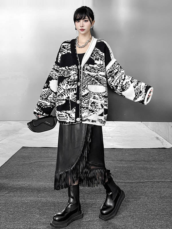 Abstract Printed Buttoned Contrast Color Pockets Split-Joint Long Sleeves Loose Collarless Outerwear Cardigan Tops