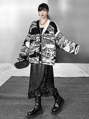 Abstract Printed Buttoned Contrast Color Pockets Split-Joint Long Sleeves Loose Collarless Outerwear Cardigan Tops