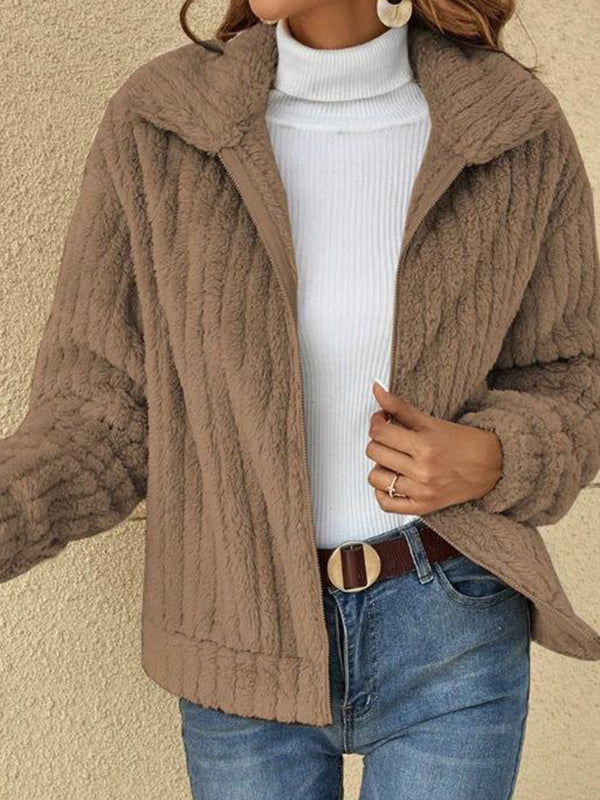Solid Color Velvet Zipper Long Sleeves Plus Size Lapel Outerwear