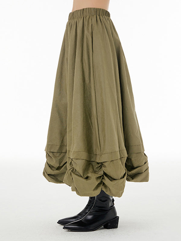 Elasticity Pleated Solid Color Split-Joint Loose Skirts