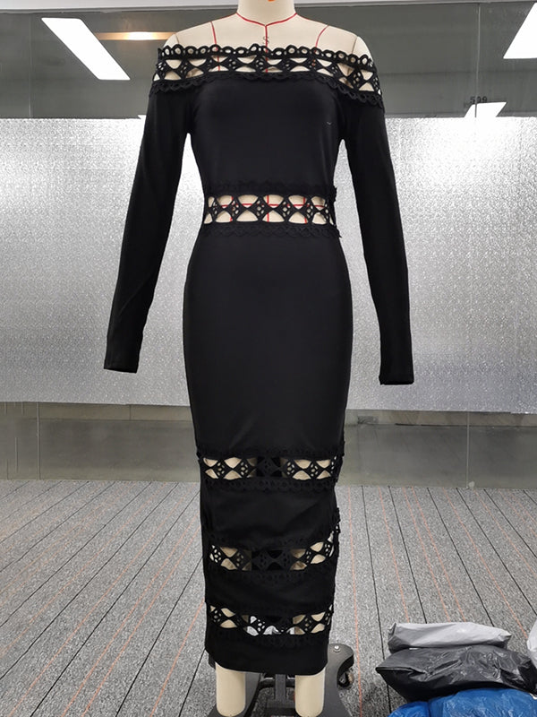 Hollow Solid Color Split-Joint Bodycon Long Sleeves Off-The-Shoulder Midi Dresses