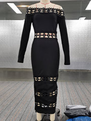 Hollow Solid Color Split-Joint Bodycon Long Sleeves Off-The-Shoulder Midi Dresses
