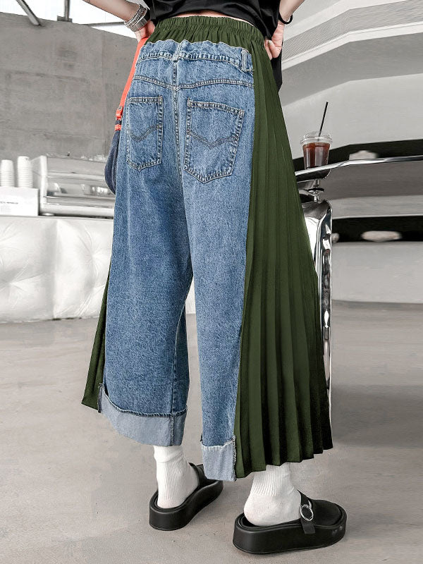 Contrast Color Pleated Split-Joint Loose Ninth Pants Wide Leg Jean Pants Bottoms