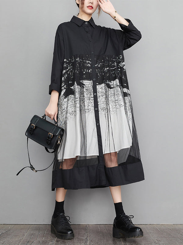Buttoned Gauze Printed Split-Joint A-Line Long Sleeves Lapel Midi Dresses
