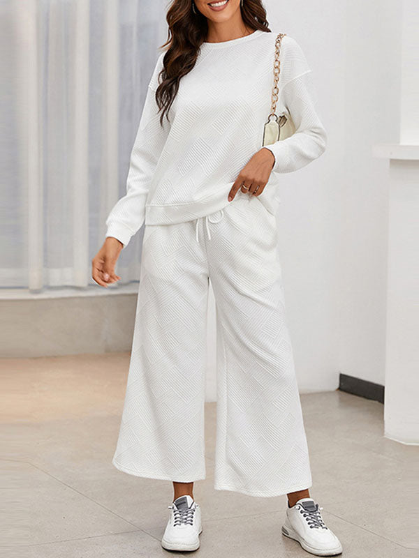 Round-Neck Long Sleeves Loose Solid Color Shirts Top + Drawstring Pants Bottom Two Pieces Set