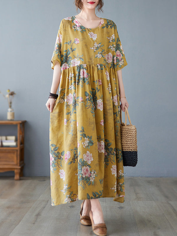 Artistic Retro Loose Original Floral Printed Pleated Midi Dress