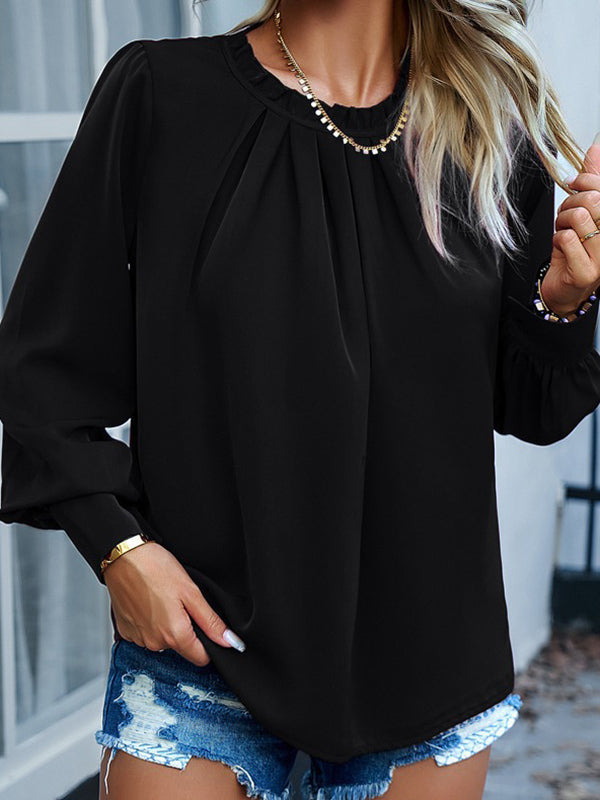 Pleated Solid Color Split-Joint Loose Puff Sleeves Round-Neck Blouses