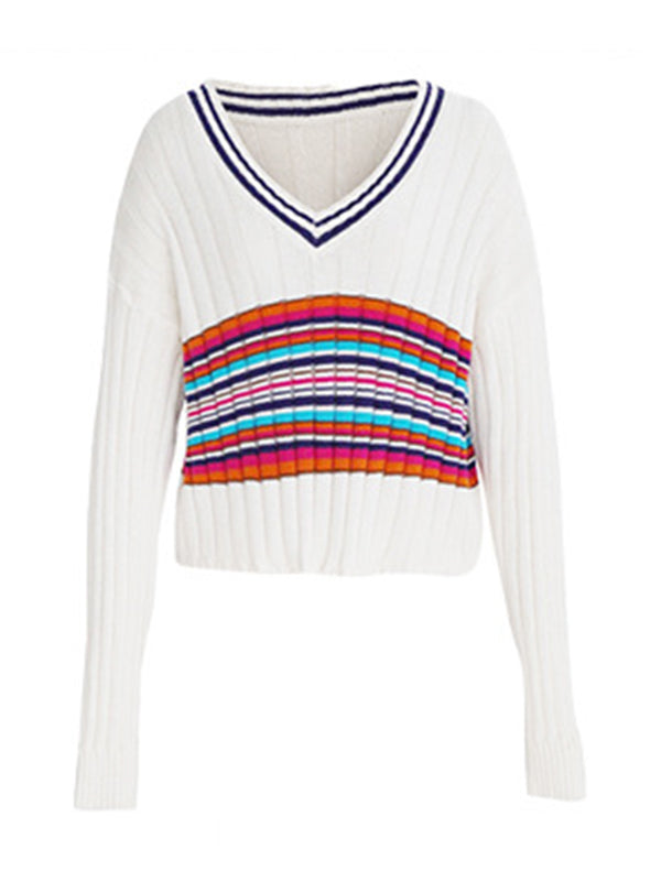 Casual Long Sleeves Striped V-Neck Sweater Tops