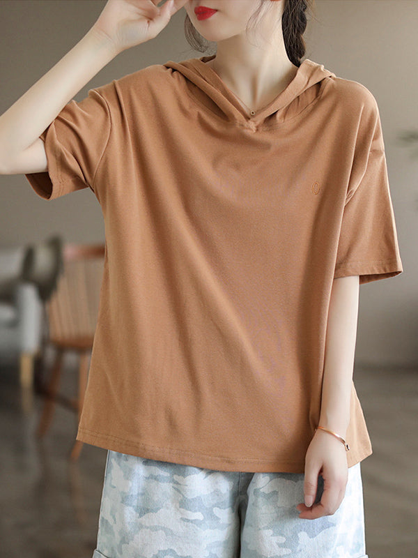 Hooded Solid Color Short Sleeves Hooded T-Shirts Tops