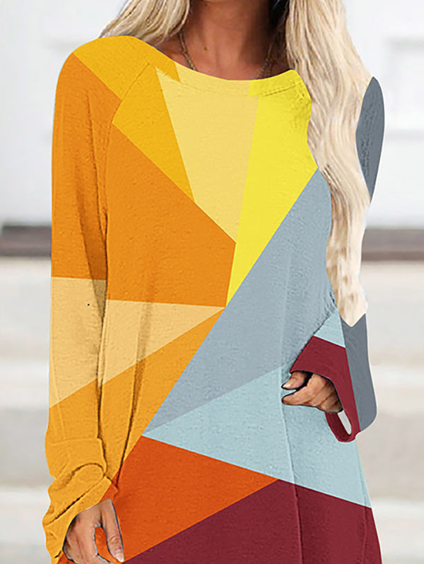 Plaid Printed High-low Long Sleeves Round-neck T-Shirts Tops