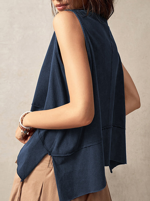 Comfort Solid Color Split-Joint Hipster Loose Round-Neck Tank Top