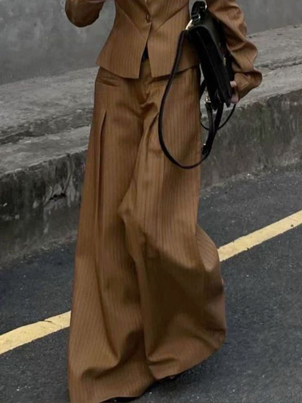 Pleated Split-Joint Striped Loose Wide Leg Trousers Pants