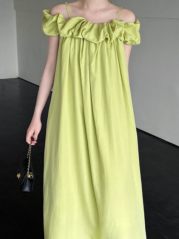 Elasticity Pleated Solid Color Split-Joint Loose Sleeveless Off-The-Shoulder Maxi Dresses