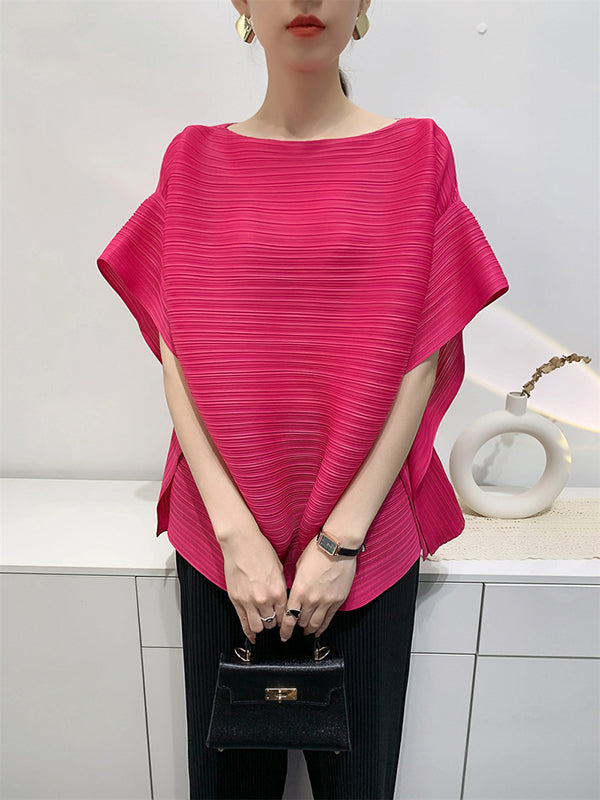 Pleated Solid Color Batwing Sleeves Loose Round-Neck T-Shirts Tops