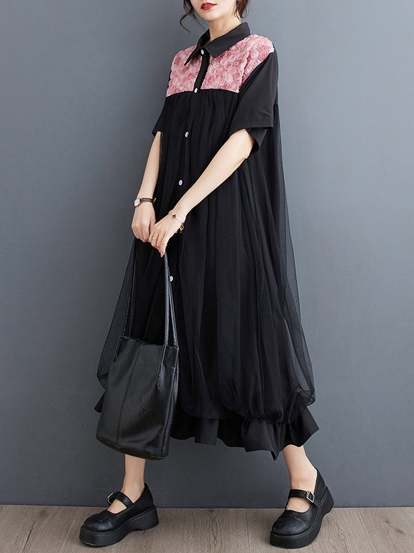 Falbala Printed Split-Joint Loose Short Sleeves Lapel Midi Dresses